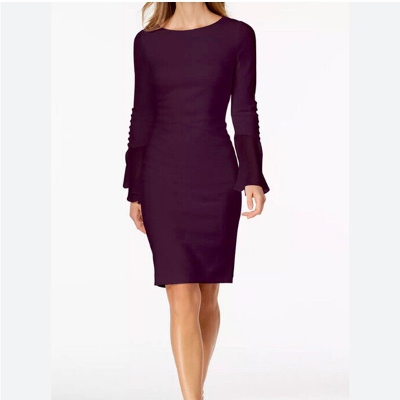 CALVIN KLEIN Chiffon Bell Sleeve Sheath Dress - Picture 1 of 8